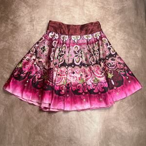Vintage Y2K Star City Floral Satin Knee Length Circle Skirt Pink Metallic Boho